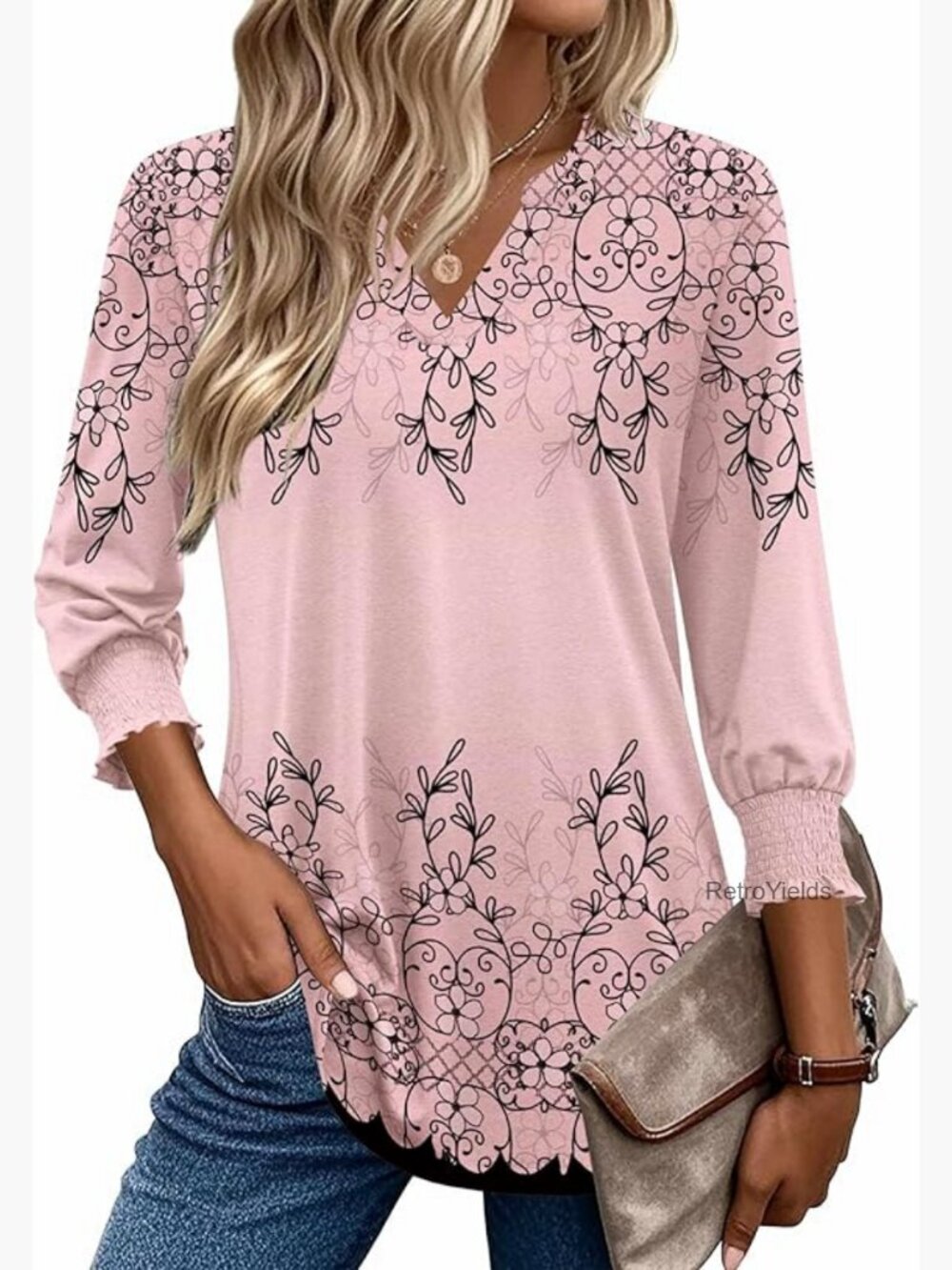 3/4 Sleeve V-Neck Blouse Floral Tunic Tops with Smocked Cuffs